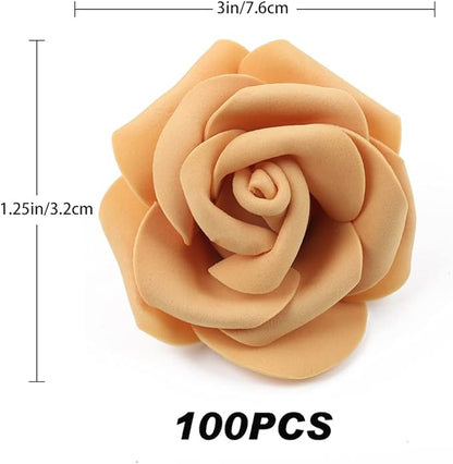 IPOPU Artificial Rose Flower Heads, 100 Pcs Real Looking Gold Yellow Foam Fake Roses for DIY Wedding Baby Shower Centerpieces Arrangements Party Tables Home Decorations (Gold Yellow, Stemless)