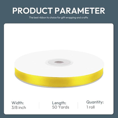 KMER LIFE 3/8" Wide x 50 Yards Yellow Single Faced Polyester Satin Ribbon, Yellow Satin Ribbon Perfect for Wedding Decor, Wreath, Crafts, Gift Wrapping & Other Projects (Yellow)