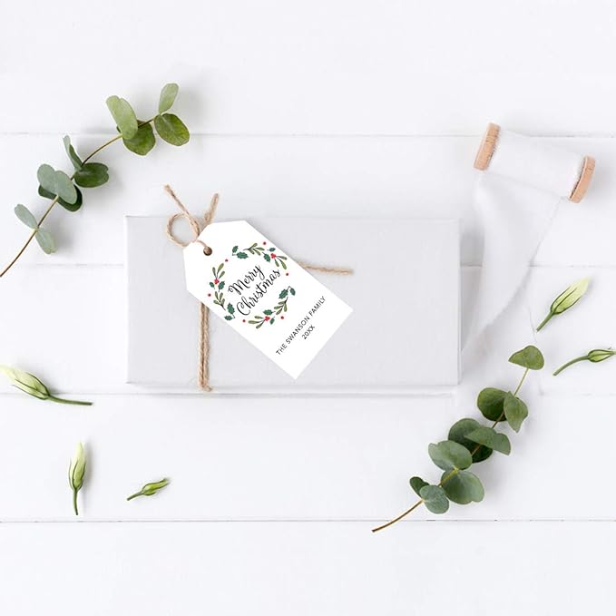 Andaz Press Personalized Christmas Holiday Season Classic Gift Tags, Merry Christmas Custom Family Name and Year, Christmas Holly Wreath Design, for Holiday Events, Parties, and Favors, 60-Pack
