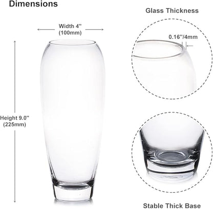 Enova Floral Oval Domed Glass Vase for Flowers, 4" W 9" H Clear Large Domed Bullet Cylinder Floral Vase for Home Decor, Wedding Centerpiece Event (1 Piece)