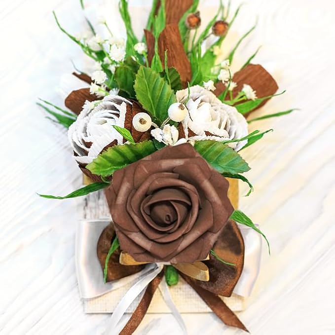 Artificial Flowers, 50pcs Artificial Rose for DIY Wedding Bouquets Centerpieces Arrangements, Brown Foam Roses with Stem for Bridal Shower Party Home Decorations