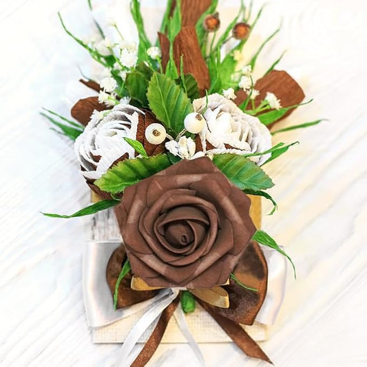 Artificial Flowers, 50pcs Artificial Rose for DIY Wedding Bouquets Centerpieces Arrangements, Brown Foam Roses with Stem for Bridal Shower Party Home Decorations