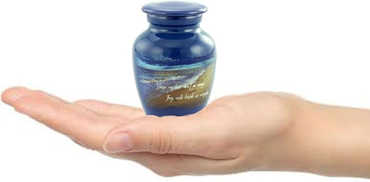 Footprints Keepsake Urn - Footprints Mini Cremation Urns for Ashes - Handcrafted Miniature Beach Sharing Urn - Mini Memorial Blue Urns with Premium Box & Velvet Bag (Keepsake)