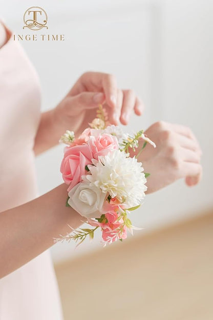 TINGE TIME Set of 2 Peach Pink Wrist Corsage Bracelets Pearl Wristlet Band Bridesmaid Bracelet for Wedding Ceremony Bridal Shower Wedding Artificial Flower Prom (Peach Pink)