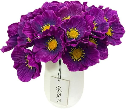 14Pcs Real Touch Anemone Poppy Bouquet for Artificial Flower Decor Kitchen Table Centerpiece Vase Home Greenery Wedding Holding Flowers Backdrop Arch Wall (Purplish Red)