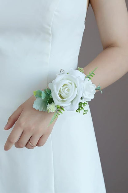 White Green Corsage and Boutonniere Set, Prom Wedding Homecoming Wrist Corsage Wristlet and Boutonniere Set for Grooms Groomsmen Guest Bridal Bridesmaid Artificial Flower Suit Decoration