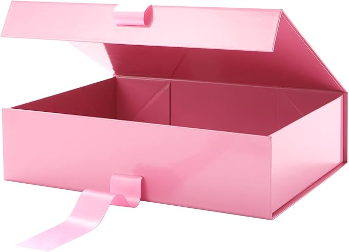 GREEN BEAN Large Gift Box with Lid for Presents 13x9.7x3.4 Inches, Pink Magnetic with Ribbon Luxury Gift Box, Bridesmaid Proposal Box (Glossy Pink)
