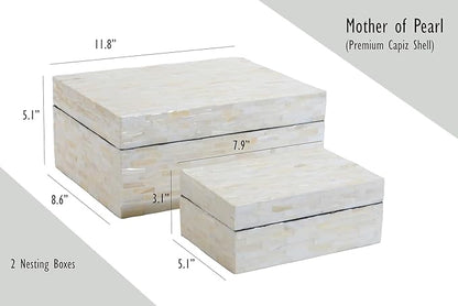 PEMAR Set of 2 Mother of Pearl Decorative Boxes w Lids, Handmade Mosaic Keepsake Jewelry Box Rectangular Treasure Chest, Shelf Decorative Wooden Box for Memory Tea Bags Coffee Accessories (White)
