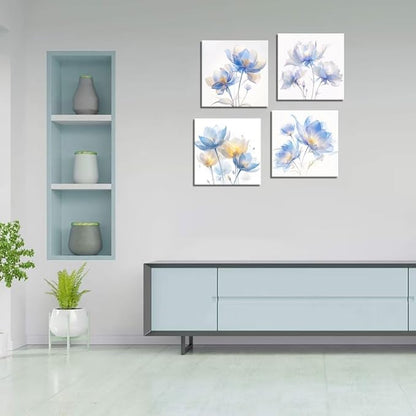 Pankila Blue Flickering Flower Abstract Canvas Wall Art Floral Poster Modern Flowers Pictures Wall Decor for Living Room Bedroom Bathroom Home Decorations Framed Artwork (12''W x 12''H x 4)