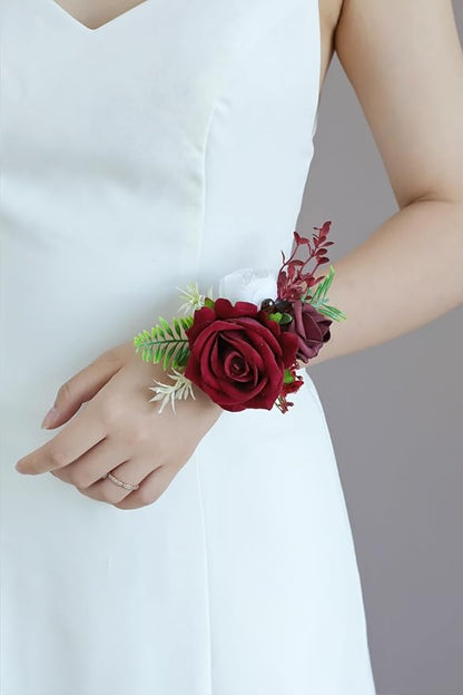 Red Corsage and Boutonniere Set, Prom Wedding Homecoming Wrist Corsage Wristlet and Boutonniere Set for Grooms Groomsmen Guest Bridal Bridesmaid Artificial Flower Suit Decoration