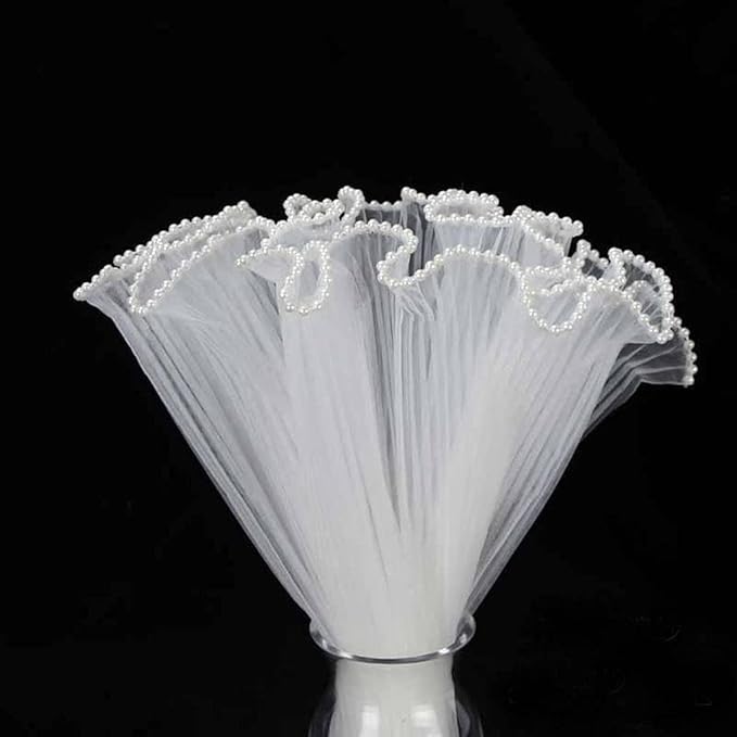 FWSA WRAPS Korean Flower Wrapping Mesh Paper White Pearl Edge Bouquet Packaging Paper Wrinkled Wavy Net Yarn Mother's Day Valentine's Day Wedding Birthday Decoration 11X162 inches/bag (Pearl White)