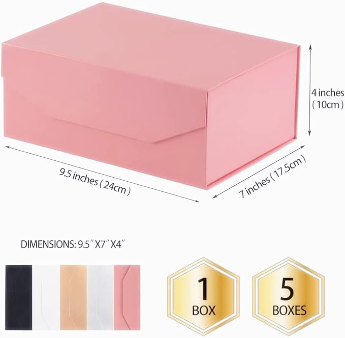5Pcs 9.5x7x4 Inches Pink Gift Box with Lids for Presents Magnetic Gift Box Small Gift Boxes for Packaging，Bridesmaid Proposal，Groomsman (Glossy Pink)