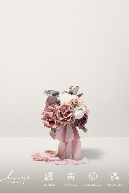Ling's moment Artificial Flowers Pink Bridesmaid Bouquet Set of 4, Dusty Rose Wedding Flowers Bouquets for Bridesmaids, 7 Inch Bridal Bouquets for Bridesmaids, Wedding Decor, Ceremony, etc