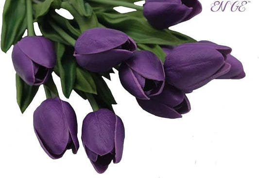 Artificial Flowers 10 Heads Mini Real Touch Artificial Tulip for Home Wedding Party Centerpiece Decoration (Dark Purple)