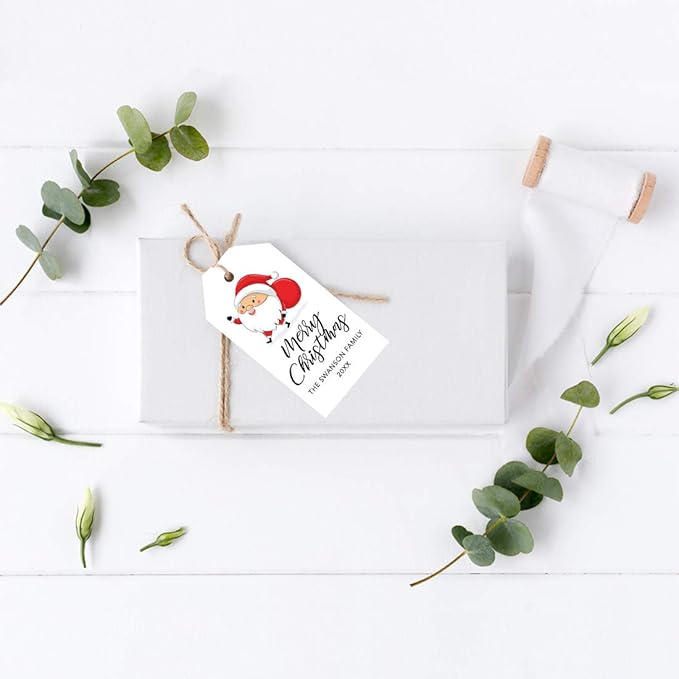 Andaz Press Personalized Christmas Holiday Season Classic Gift Tags, Merry Christmas Santa Claus with Christmas Sack Design, Custom Family Name and Year, Holiday Events, Parties, and Favors, 60-Pack