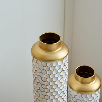 Floor Oversized Gold Metal Decorative Vase with 3D Triangle Pattern Set of 3 Large Vases for Home Living Room 33.5 ", 29.5 ", 25.2" High (Gold+White)