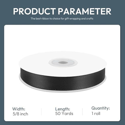 KMER LIFE 5/8" Wide x 50 Yards Black Single Faced Polyester Satin Ribbon, Black Satin Ribbon Perfect for Wedding Decor, Wreath, Crafts, Gift Wrapping & Other Projects (Black)