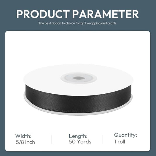 KMER LIFE 5/8" Wide x 50 Yards Black Single Faced Polyester Satin Ribbon, Black Satin Ribbon Perfect for Wedding Decor, Wreath, Crafts, Gift Wrapping & Other Projects (Black)
