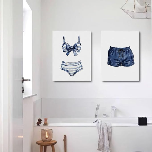 Blue White Painted Swimsuits Lake House Beach House Wall Decor Canvas Wall Art Framed Prints Artwork Posters Painting Picture for Home Bar Cart Laundry Room Girls Room Bedroom 14.5X11.5 Inch