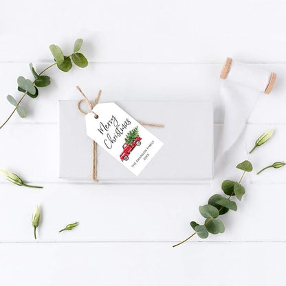 Andaz Press Personalized Christmas Holiday Season Classic Gift Tags, Merry Christmas Custom Family Name and Year, Vintage Truck with Christmas Tree Design, Holiday Events, Parties, Favors, 60-Pack