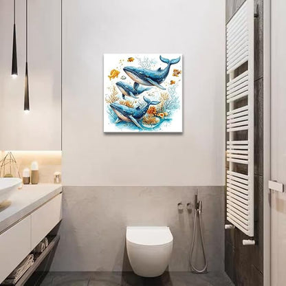 dgbtcart Ocean Wall Art Bathroom Decor – Watercolor Sea Turtle, Starfish Whale Canvas Prints – Coastal Beach Themed 4-Piece Set, 16x16 Modern Nautical Painting for Home, Bedroom, Kids Room