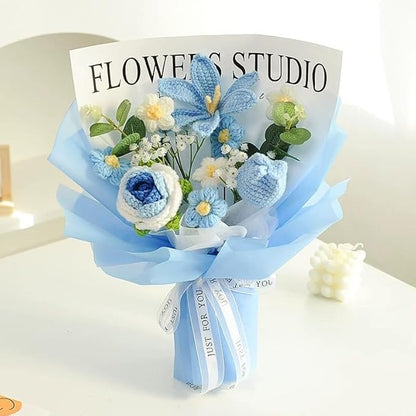 Crochet Flower Bouquet - Handmade Knitted Roses, Tulips & Cosmos with Eucalyptus - Hypoallergenic Everlasting Gift for Women, Mother's Day, Wedding