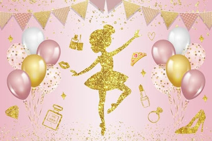 Renaiss 10x7ft Ballerina Princess Backdrop Pink Gold Shiny Elegant Fairy Ballet Dancer Photography Background for Girl Baby Shower Birthday Party Decor Banner Photo Studio Props