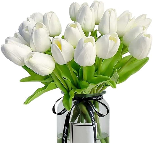 20pcs White tulips artificial flowers Faux Flowers Fake tulips Flowers Mother's Day Easter Valentine’S Day Gifts in Home Kitchen Wedding Dining Table Decorations