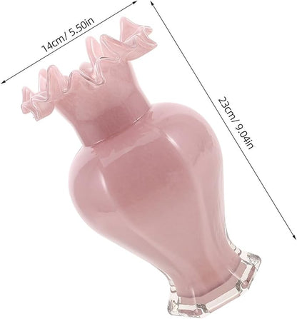 Handblown Glass Flower Vase Pink Pearl Wave Mouth Decorative Floral Arrangement Holder for Home Table Office Wedding Centerpiece Modern Artistic Accent