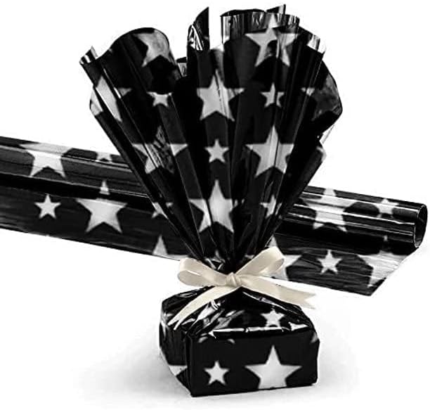 PMU Gift Wrap Mylar Roll Metallic Black with Silver Multi Stars 2-sided, 30 Inches X 25 Ft Roll 1.4 Mil Highly Reflective Mylar Film, Great for Gifts, Birthdays, Christmas, Baskets, Arts & Crafts