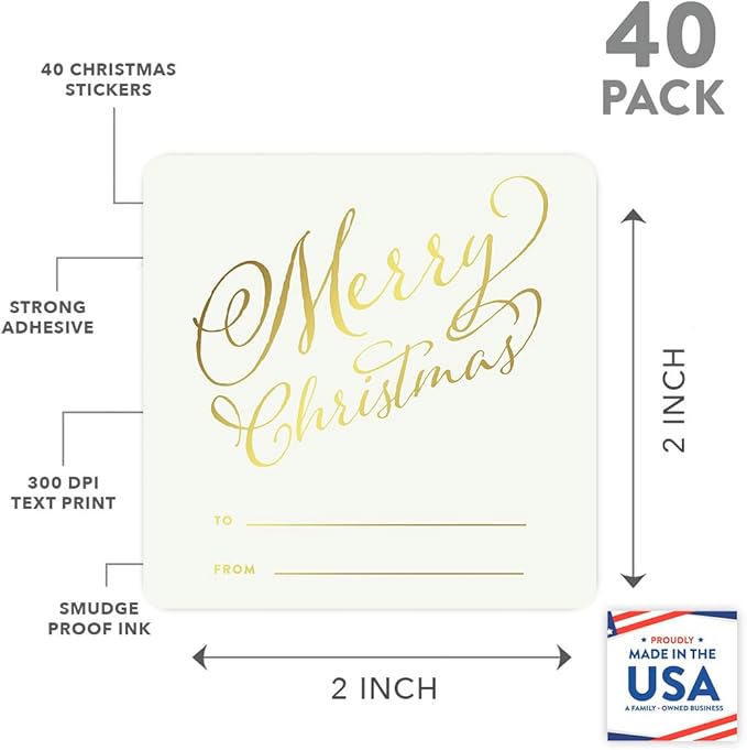 Andaz Press Square Gift Label Stickers, Stylized Merry Christmas to from, Metallic Gold Ink, 40-Pack Gold Christmas Tags Christmas Name Tags Stickers Christmas Sticker Tag