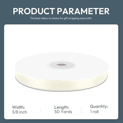 KMER LIFE 3/8/ Wide x 50 Yards Ivory Single Faced Polyester Satin Ribbon, Ivory Satin Ribbon Perfect for Wedding Decor, Wreath, Crafts, Gift Wrapping & Other Projects (Ivory)