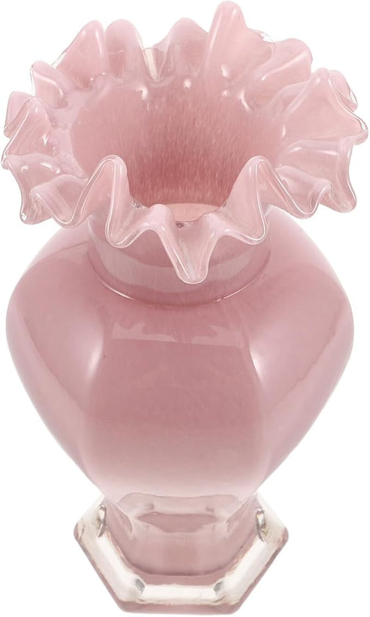 Pearlescent Handblown Glass Vase Wide Mouth Wavy Pattern Artistic Flower Pot Tabletop Glass Bud Vase for Home Dining Living Office Entryway Kitchen Pink Centerpiece Decor