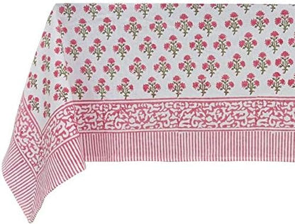 ATOSII Gulbahar White Pink 100% Cotton Fall Rectangle Tablecloth, Handblock Print Floral Table Cloth for Kitchen Dining Linen I Thanksgiving Christmas Weddings Outdoors I 72 X 108 Inches I 8 Seater