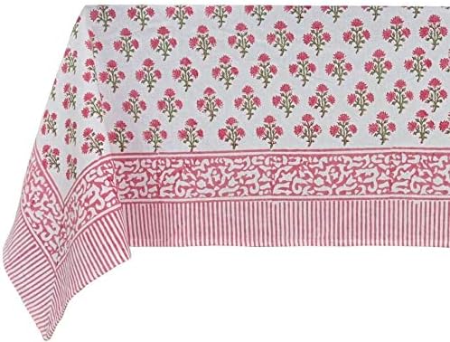 ATOSII Gulbahar White Pink 100% Cotton Fall Rectangle Tablecloth, Handblock Print Floral Table Cloth for Kitchen Dining Linen I Thanksgiving Christmas Weddings Outdoors I 72 X 120 Inches I 10 Seater