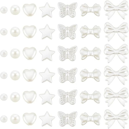 1 Box 7 Styles 700PCS Pearl Beads Kit with Hole Floral White ABS Plastic Heart Star Round Bow Assorted Imitation Pearls Loose Bead for Jewelry Making Bracelet Necklace DIY Crafts Supply