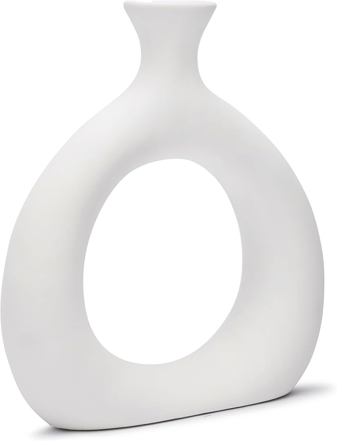Ajuny Donut Vase Set of 2 – White Ceramic Modern Vases for Flowers, Pampas Grass, Centerpieces | Boho Table Decor for Living Room, Wedding, Kitchen, TV Stand, Office, Shelf, Mantle
