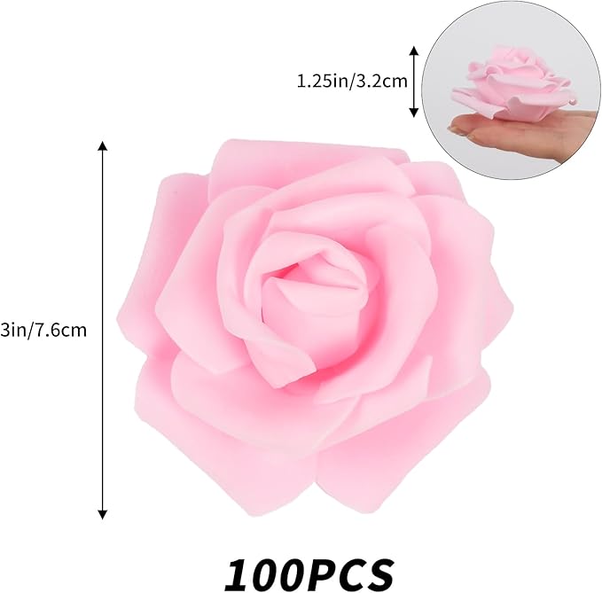 100pcs Foam Rose Artificial Flower Heads, 3-Inch Light Pink Fake Flower Heads Stemless Rose Flowers Bulk for DIY Crafts,Wedding Bouquets Party Baby Shower Home Decor (Light Pink)