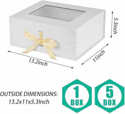 5 Pcs White Gift Box for Presents with Ribbon 13.2x11x5.3 Inches Clear Gift Box with Window Magnetic Closure Gift Boxes with Lids
