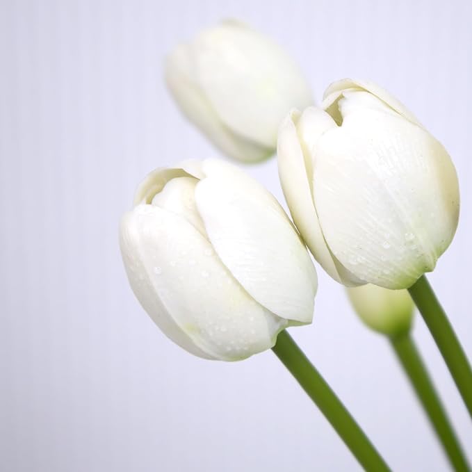10 Pack Real Touch Tulips Artificial Flowers, 15.7 Inch Bendable Latex Tulips - No Maintenance Faux Flowers for Vase, Home Decor, Wedding Centerpiece (White)