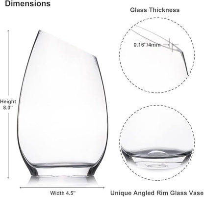 Enova Floral Unique Angled Rim Clear Glass Vase 4.5" W 8.0" H, Decorative Flower Vase for Home Decor Indoor, Wedding Centerpiece Event (1 Piece)