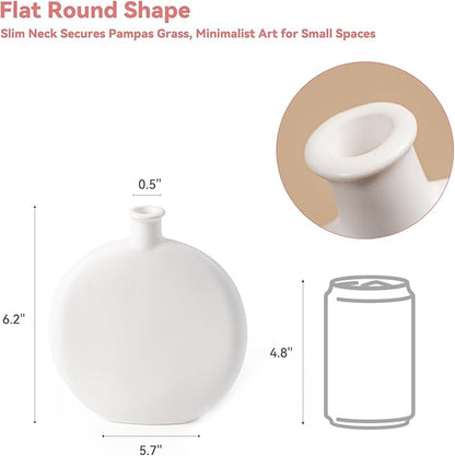 White Ceramic Flat Vase - 6.2" Unique Flower Vase for Pampas Grass & Centerpieces, Decorative Boho/Farmhouse Vase for Living Room, Office Desk & Housewarming Gift (for Her/Yourself)