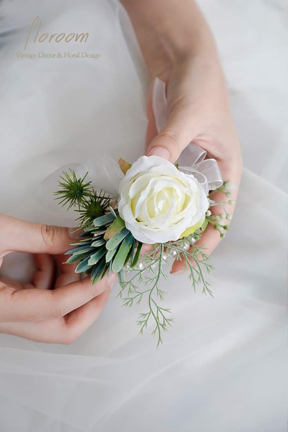 Floroom Ivory Rose Wrist Corsage Wristlet Band Bracelet and Men Boutonniere Set for White Wedding Flower Accessories Prom Suit Decorations