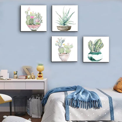 Succulent Bathroom Decor Cactus Canvas Wall Art, Green Botanical Pictures Print, Watercolor Plant Paintings Artwork for Bedroom Living room Office Decoration - 12" X 12"