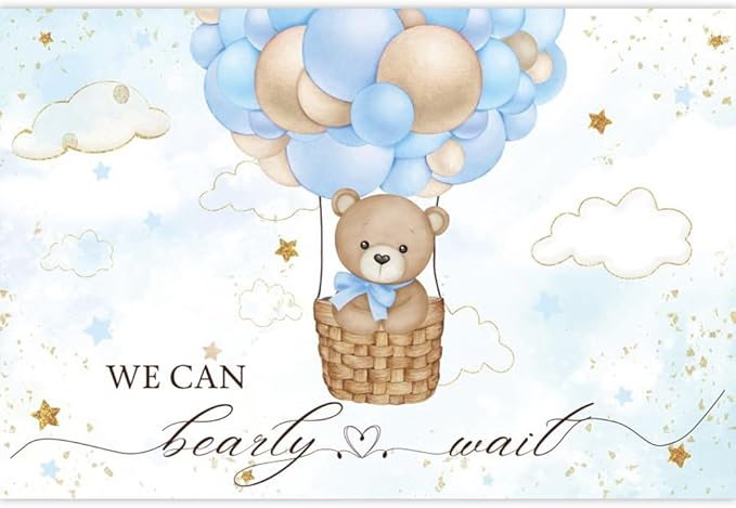 ChloropLastid We Can Bearly Wait Baby Backdrop Boy Bear Hot Air Balloon Baby Shower Photography Background Blue Balloons Clouds Stars Baby Party Cake Photo Decoration 7x5ft