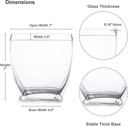 Enova Floral Clear Rectangle Glass Vases, 7x7x2.5 Inch Block Glass Vase for Flowers, Square Glass Vase for Wedding Centerpieces, Home Décor (1 Piece)