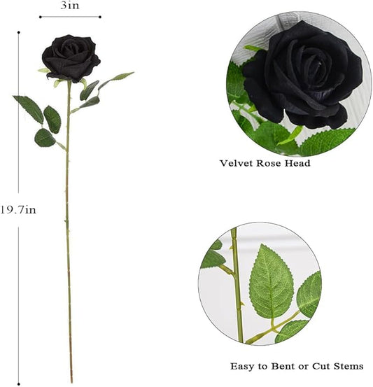 Artificial Roses 12PCS Velvet Rose Real Touch Long Stem Fake Flowers for Floral Arrangement Bridal Wedding Home Party Decor (Black)
