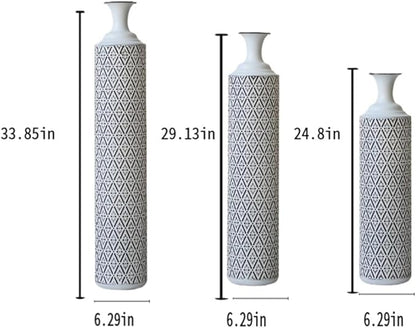 Floor Oversized Gold Metal Decorative Vase with 3D Triangle Pattern Set of 3 Large Vases for Home Living Room 33.5 ", 29.5 ", 25.2" High (White+Black)