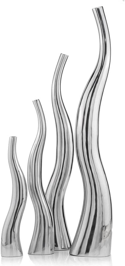 Modern Day Accents 8790 Curva XL Tall Wiggly Vases Set of 2, Silver, Aluminum, Contemporary, Modern, Popular, Glam, Floor Standing, Large 9"L, 5.5"W, 48.5"H, Small Vase: 7”L x 4.5”W x 40"H House Decor