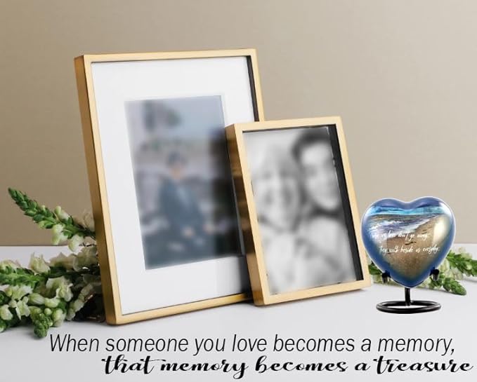 Footprints Heart Keepsake Urn - Footprints Mini Cremation Urn for Ashes - Miniature Beach Sharing Urns - Memorial Blue Beach Urn with Dispaly Stand, Premium Box & Velvet Bag (Heart Keepsake)